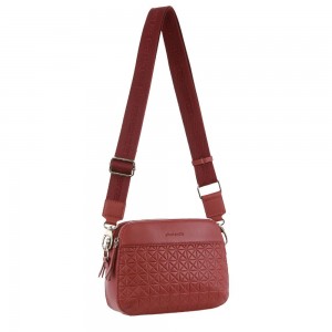 Bolsas Hombro Pierre Cardin Webbing Strap Leather Crossbody Bag Mujer Marsala | EDUS-16780