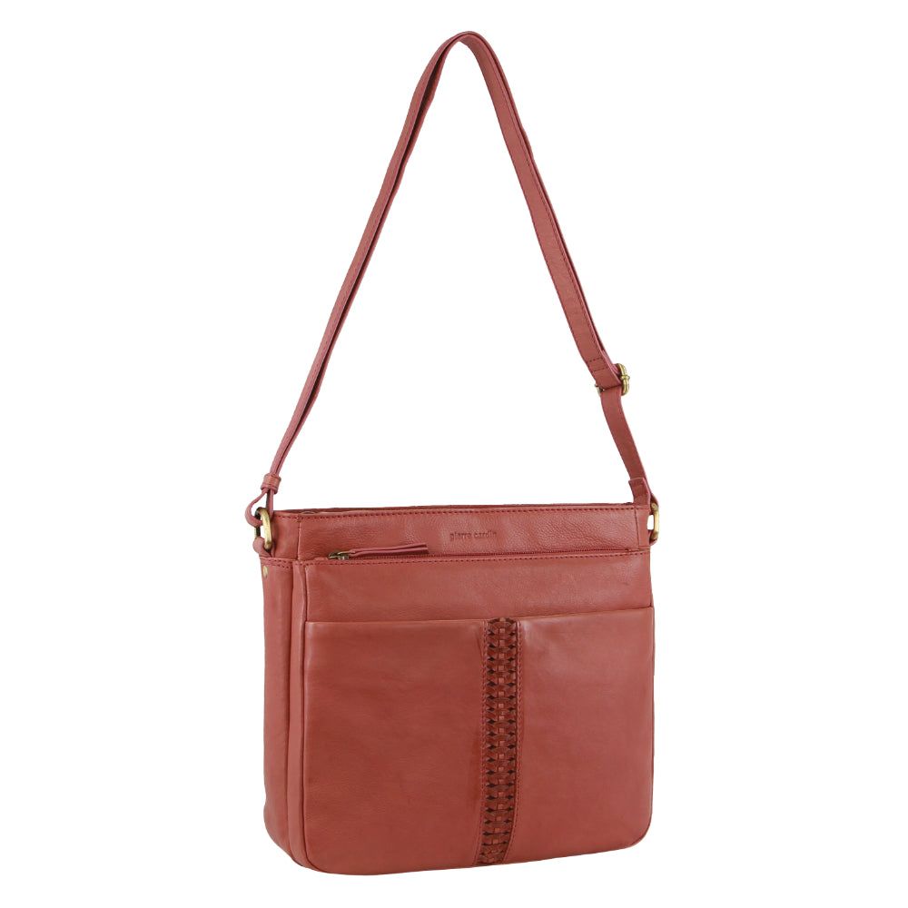 Bolsas Hombro Pierre Cardin Leather Woven-Stich Design Crossbody Bag Mujer Marsala | VOZP-09285