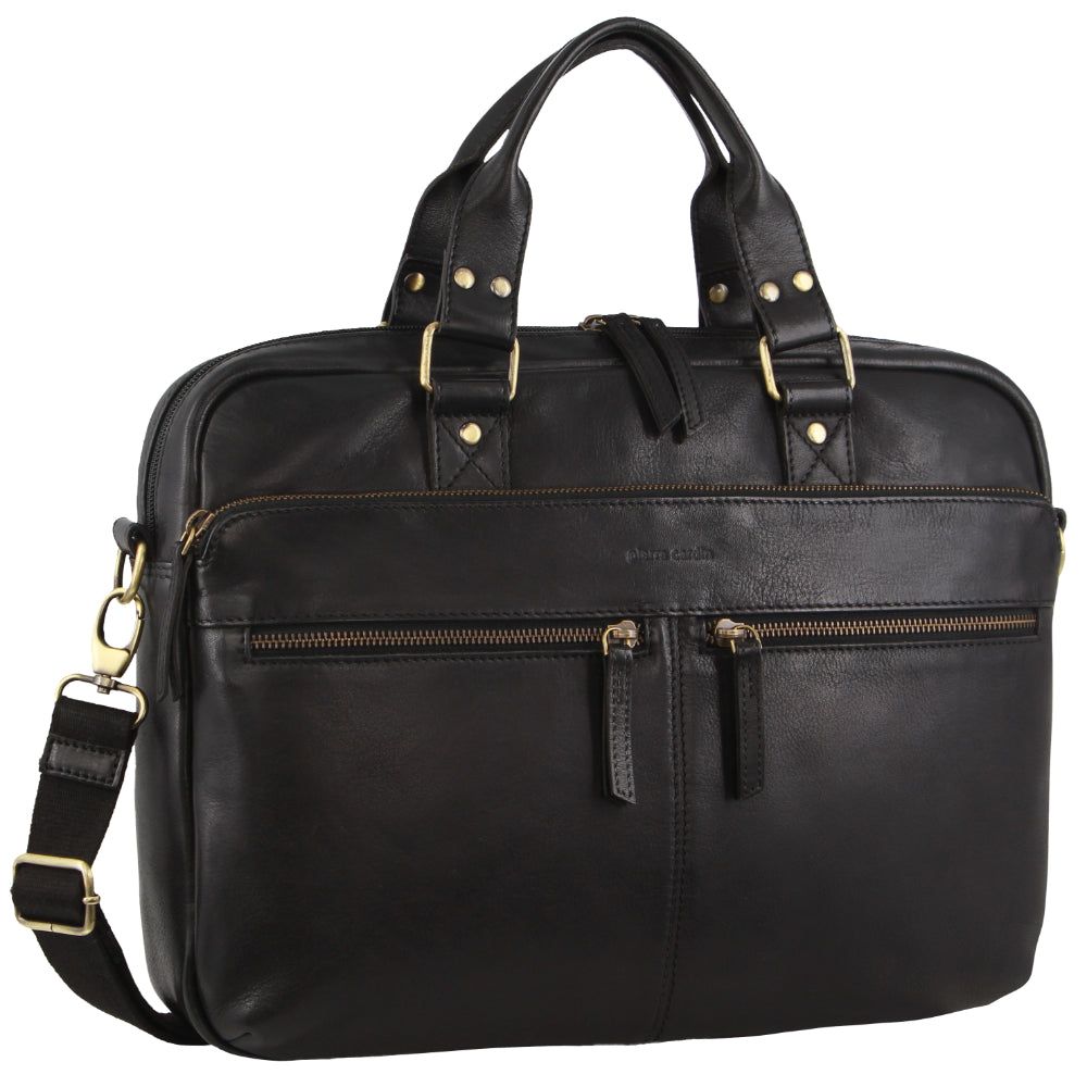 Bolsas Hombro Pierre Cardin Multi-Compartment Leather Computer Bag Hombre Negras | CAMB-49621