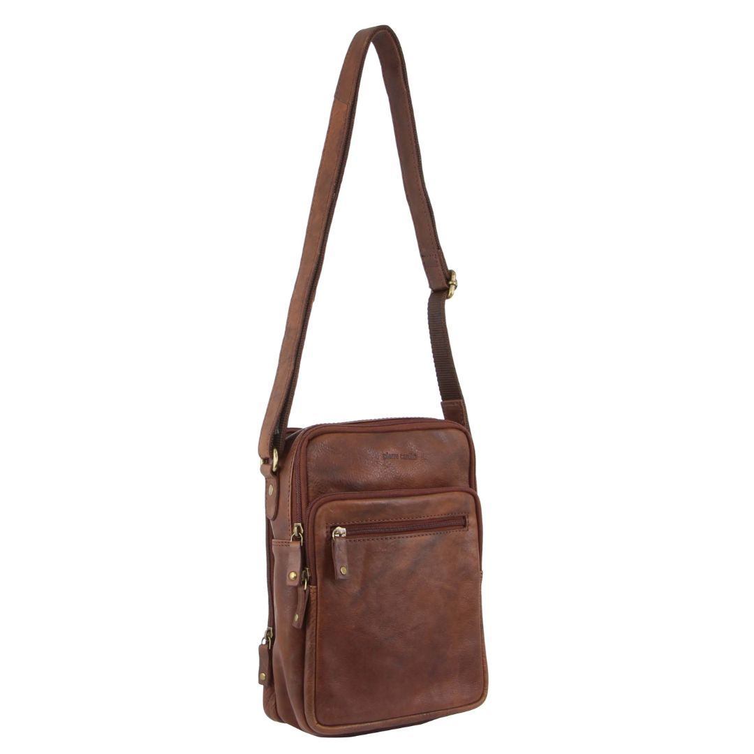 Bolsas Hombro Pierre Cardin Rustic Leather Cross-Body Bag Hombre Chocolate | QTNR-80713