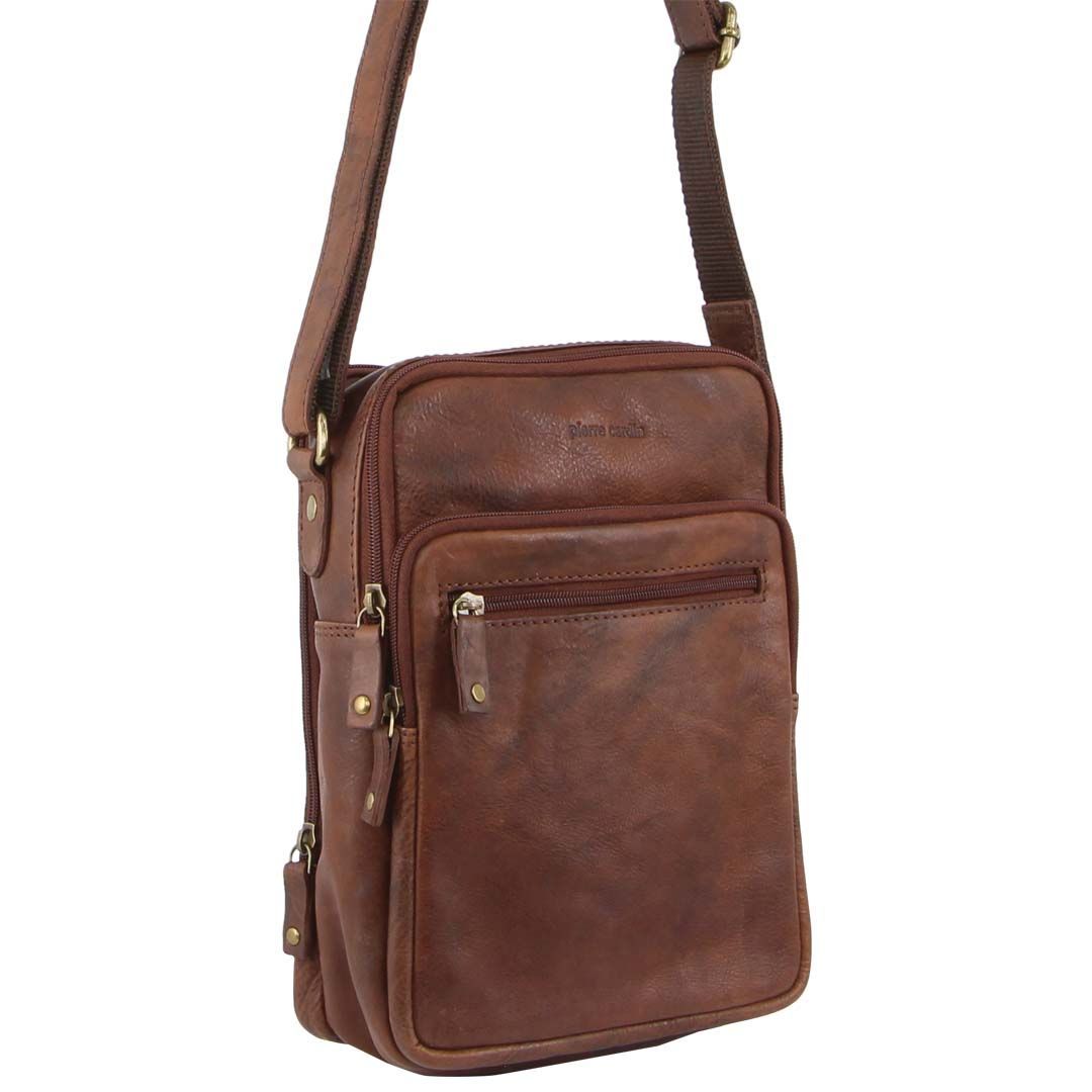 Bolsas Hombro Pierre Cardin Rustic Leather Cross-Body Bag Hombre Chocolate | QTNR-80713