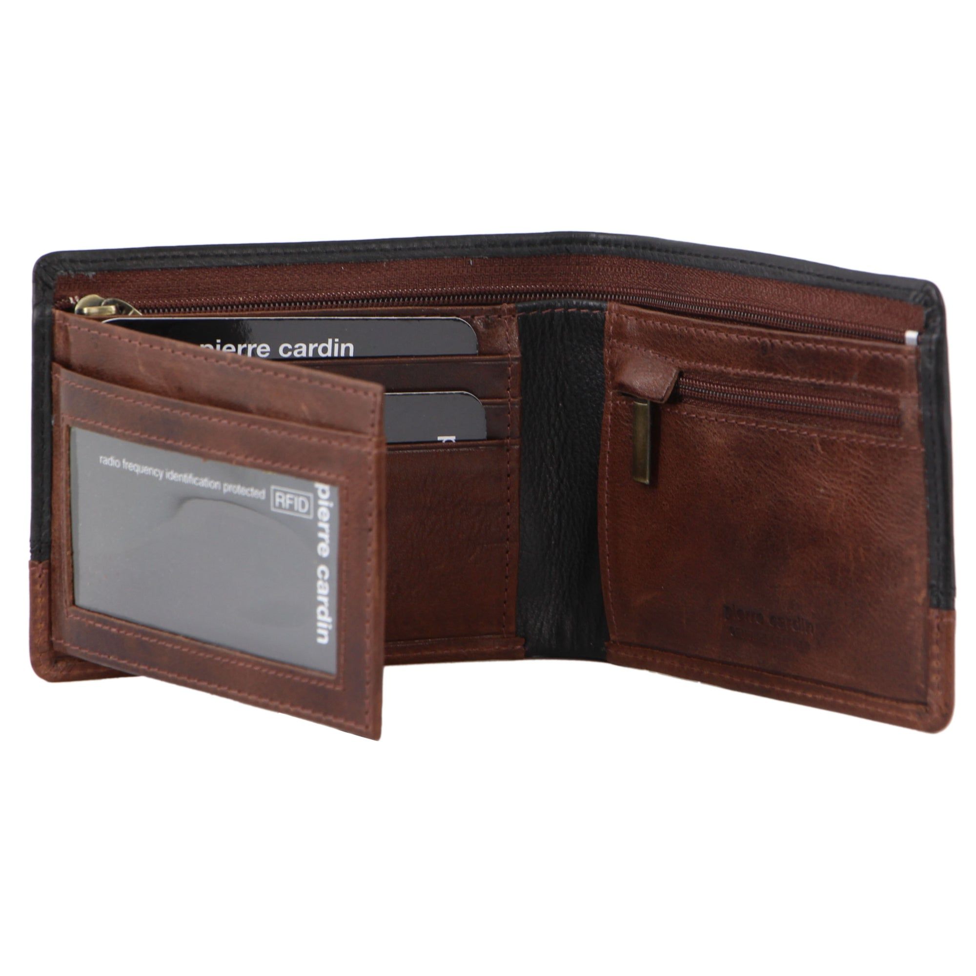 Carteras De Tres Pliegues Pierre Cardin Leather 2-Tone Tri-Fold Wallet Hombre Negras Marrones | TXQL-71908